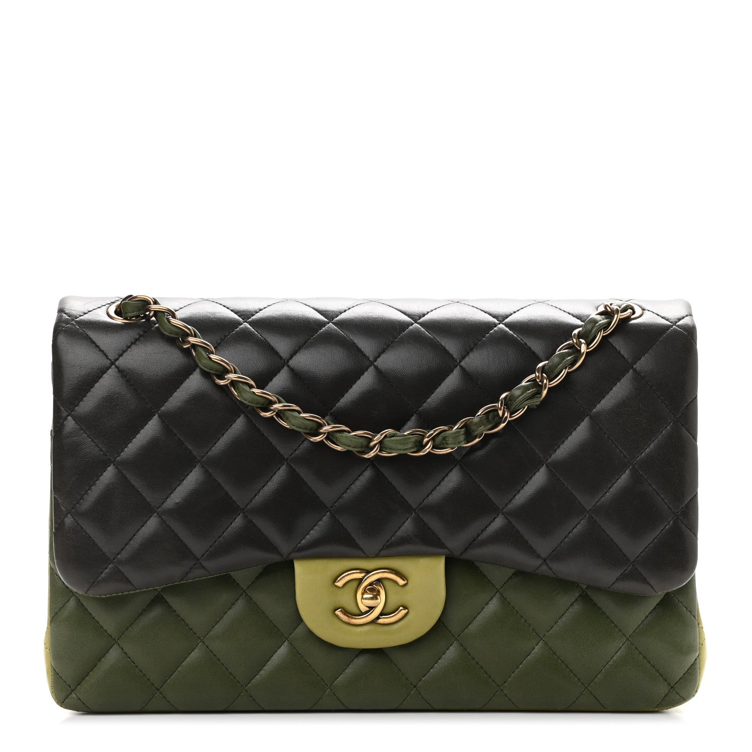 Chanel Lambskin Quilted Tri-Color Jumbo Double Flap Green Brown 1 of 14