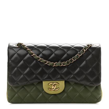 Chanel Lambskin Quilted Tri-Color Jumbo Double Flap Green Brown 1 of 14