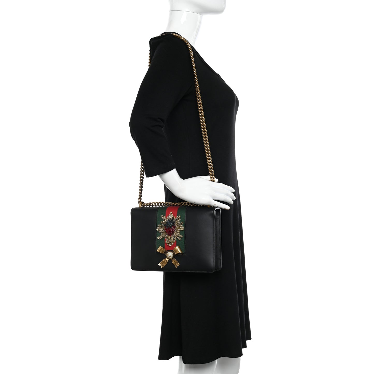 Calfskin Web Medium Peony Chain Shoulder Bag Black