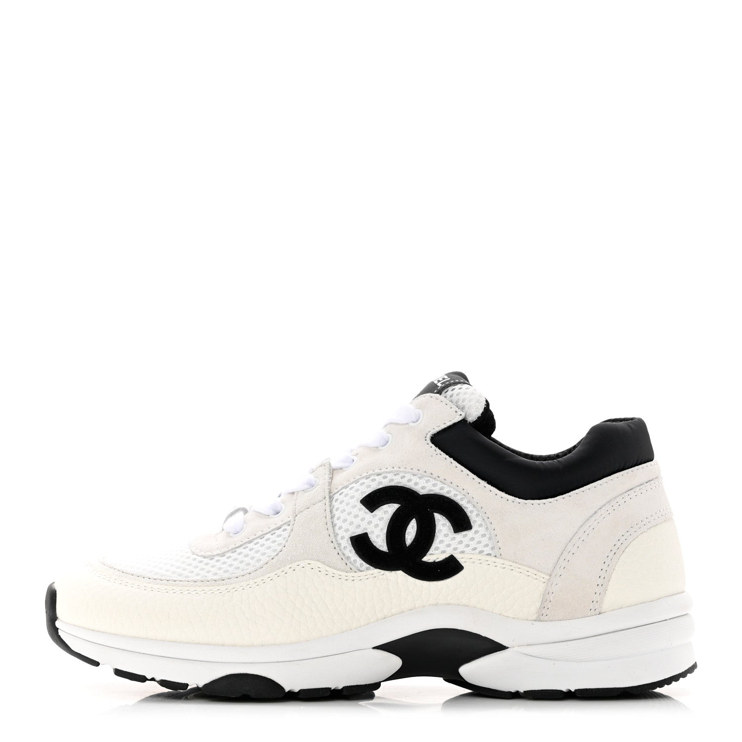 Chanel Mesh Suede Calfskin Grained Calfskin Womens CC Sneakers 37 White Black 1 of 8