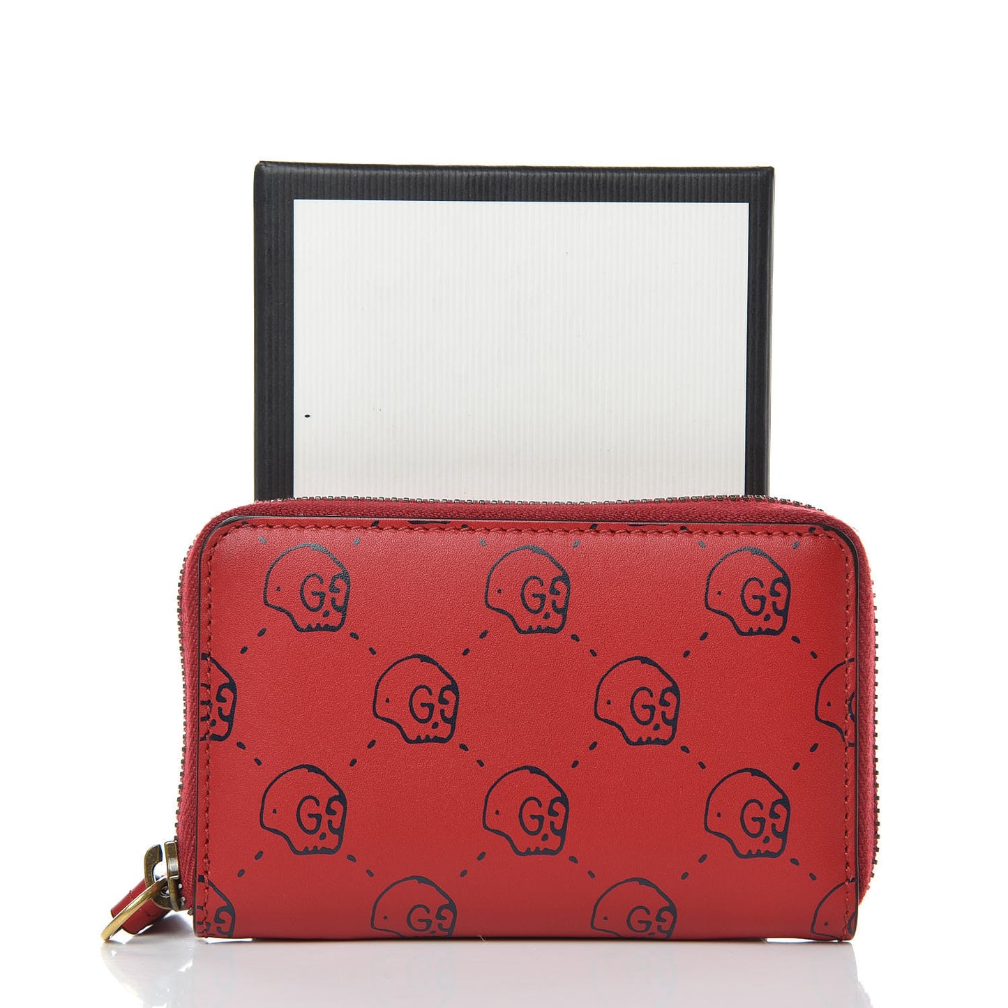 Calfskin GucciGhost Hamlet Skull Zip Around Card Case Hibiscus Red