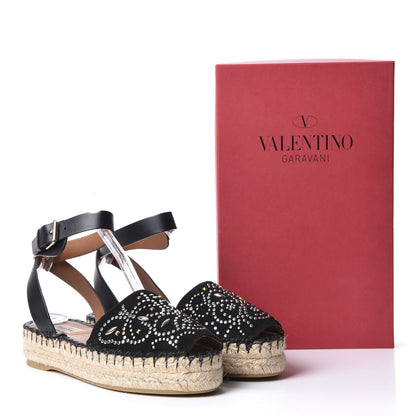 Valentino Garavani Suede Studded Peep Toe Ankle Wrap Flatform Espadrilles 40 Black 10 of 10