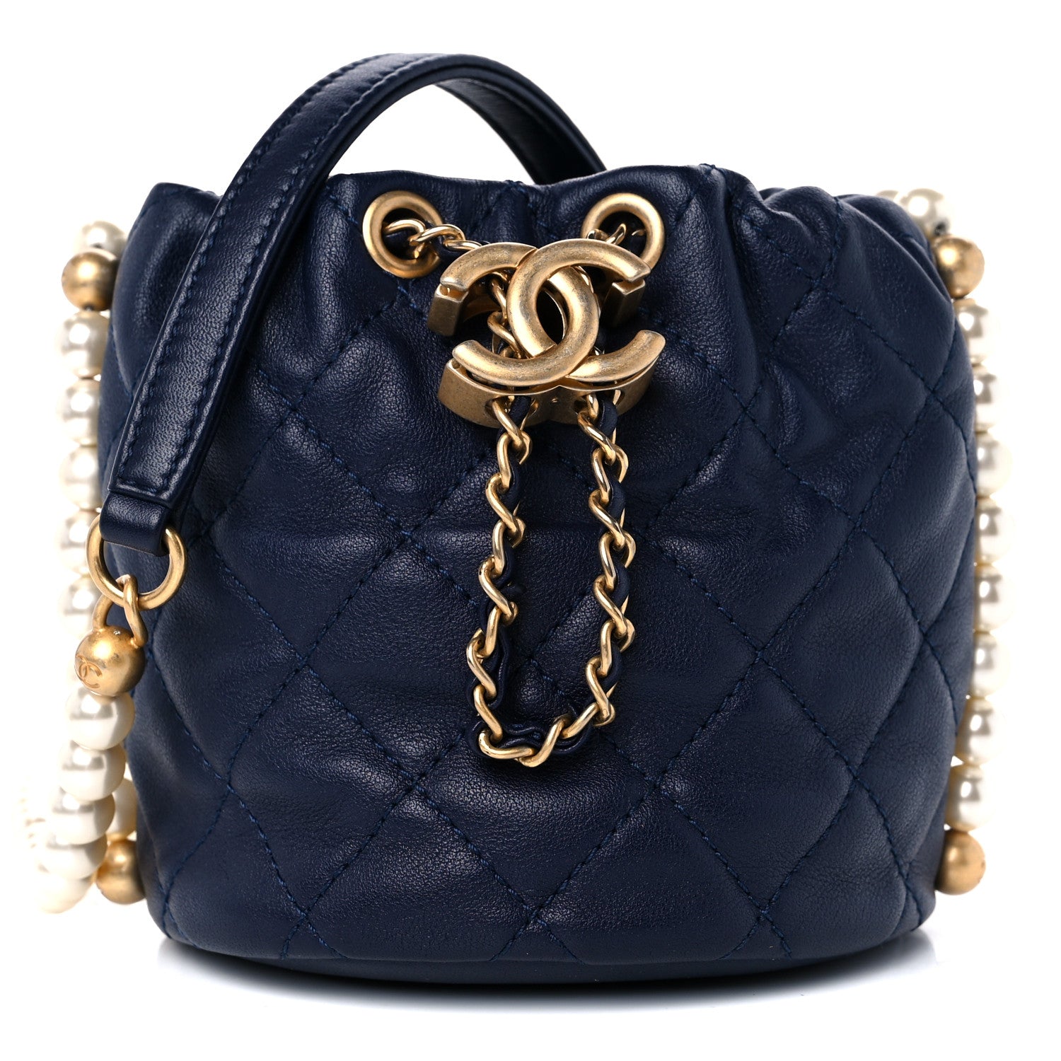 Chanel Calfskin Quilted Pearl Mini About Pearls Drawstring Bucket Bag Navy 1 of 10