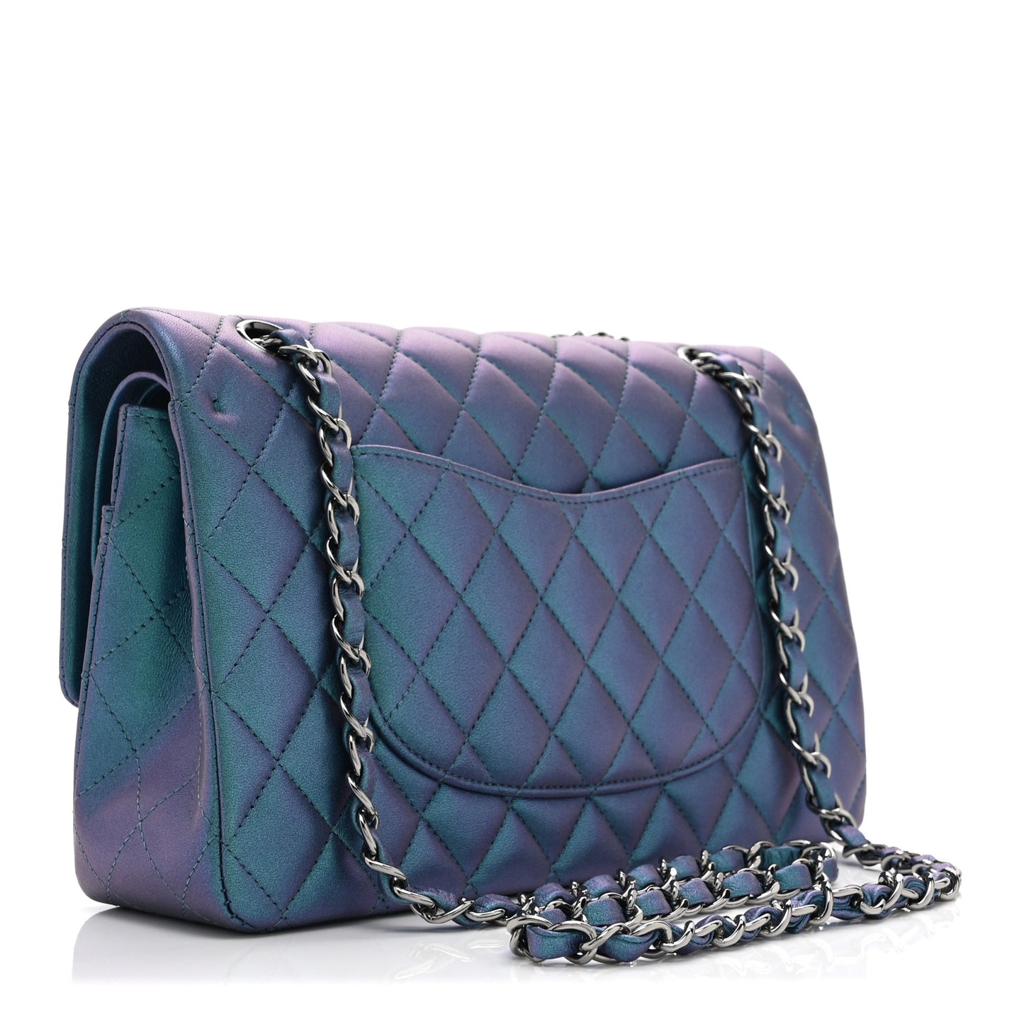 Iridescent Lambskin Quilted Medium Double Flap Turquoise