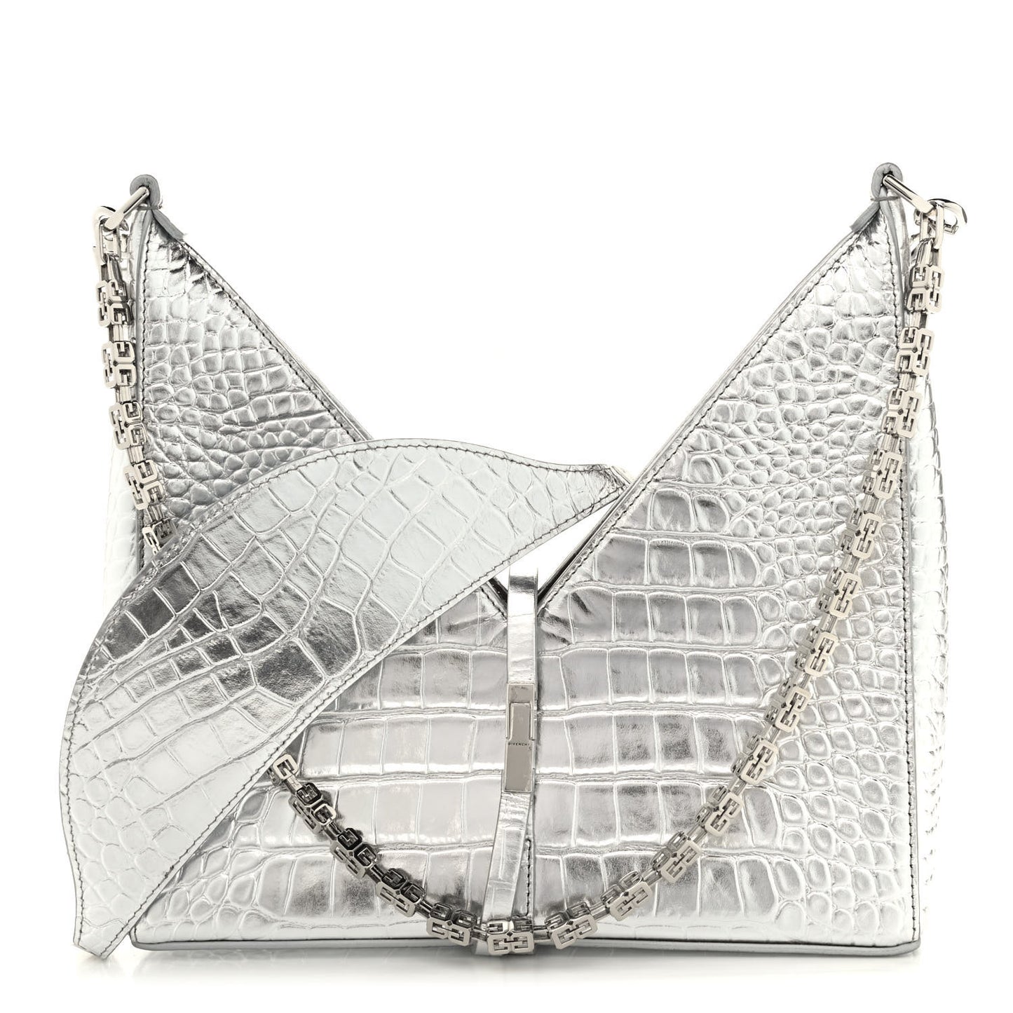 Metallic Calfskin Croc Embossed Small Cut Out Shoulder Bag Silver