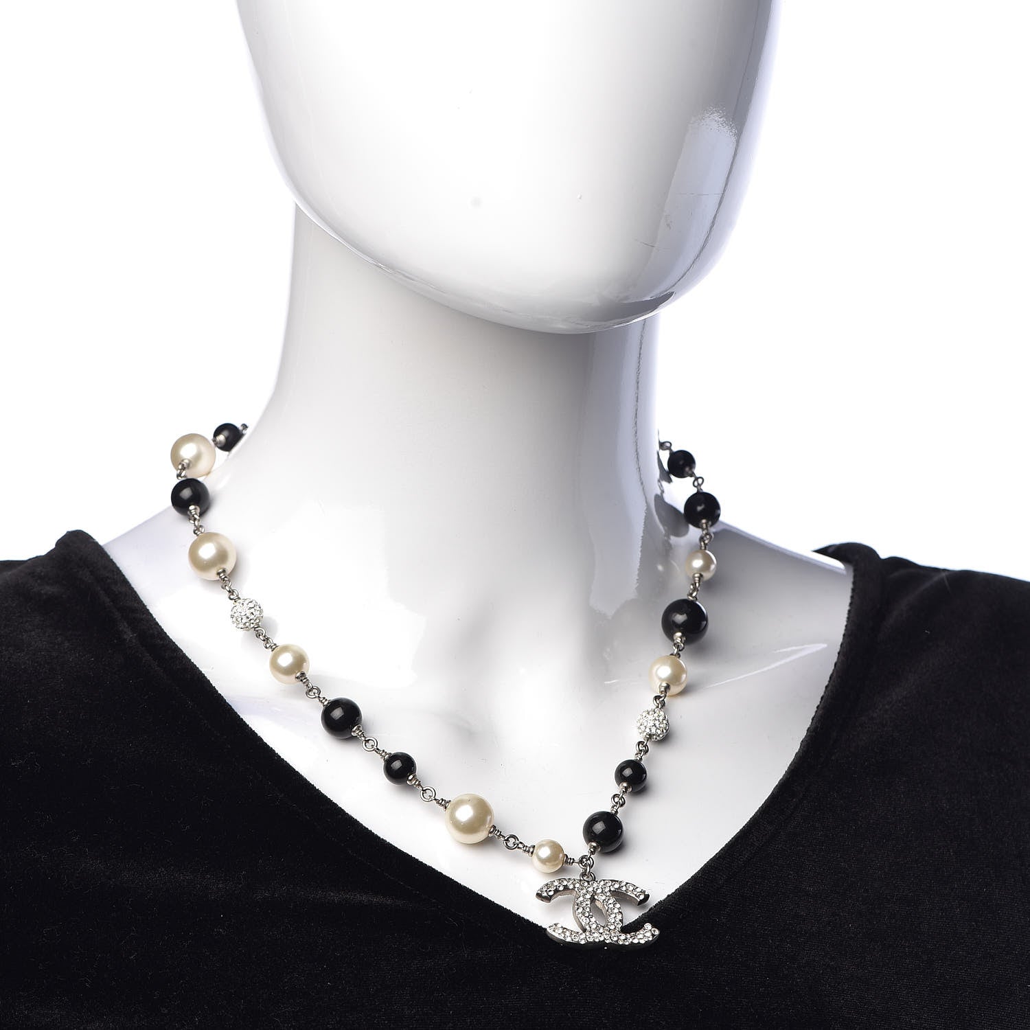 Chanel Pearl Crystal Bead CC Necklace Silver Black 2 of 4