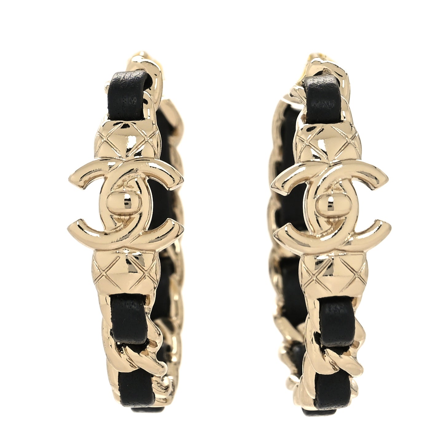 Metal Lambskin Quilted CC Turnlock Chain Hoop Earrings Gold Black