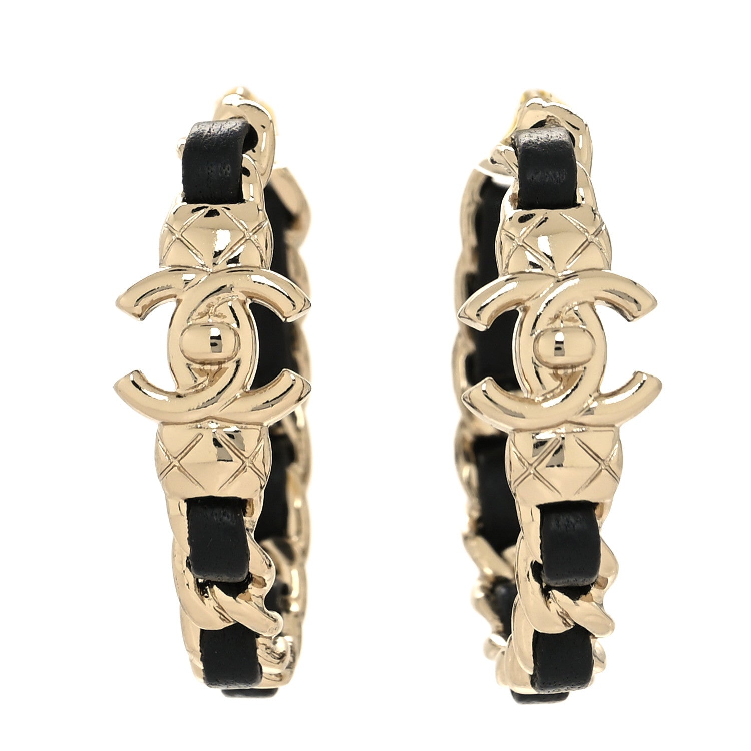 Chanel Metal Lambskin Quilted CC Turnlock Chain Hoop Earrings Gold Black 1 of 4