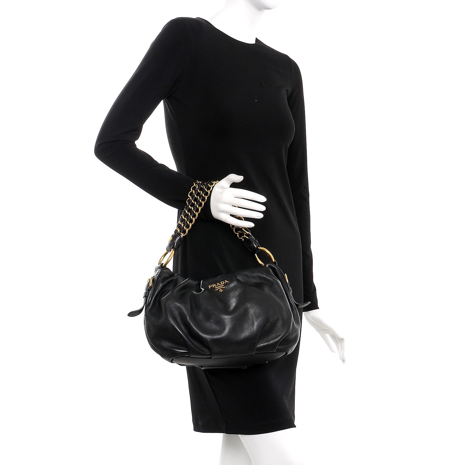 Prada Soft Calf Pleated Hobo Black 2 of 7