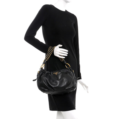 Prada Soft Calf Pleated Hobo Black 2 of 7