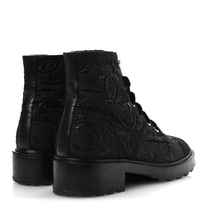 Chanel Grosgrain Tweed Pearl CC Combat Short Boots 39 Black 5 of 13