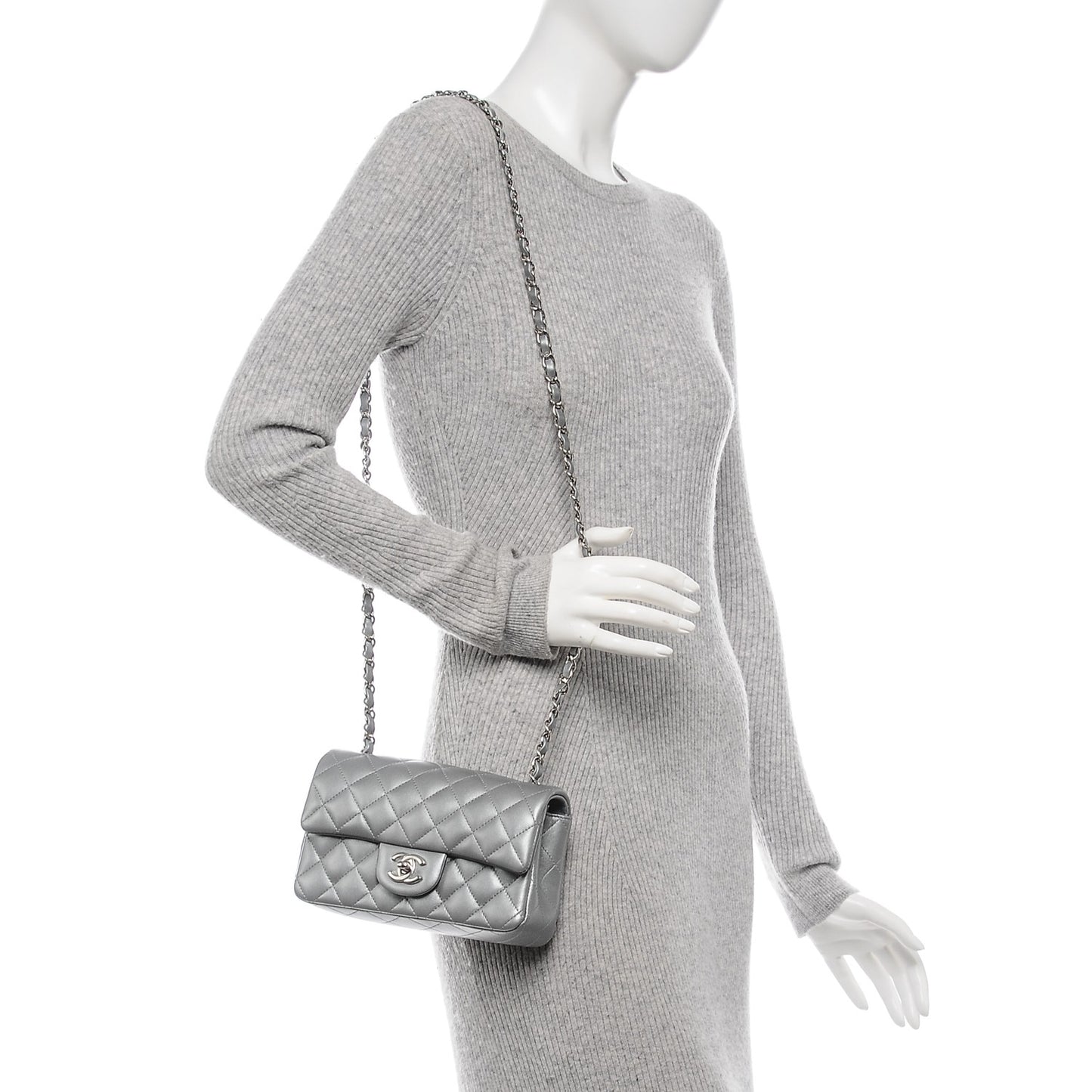 Metallic Lambskin Quilted Mini Rectangular Flap Silver