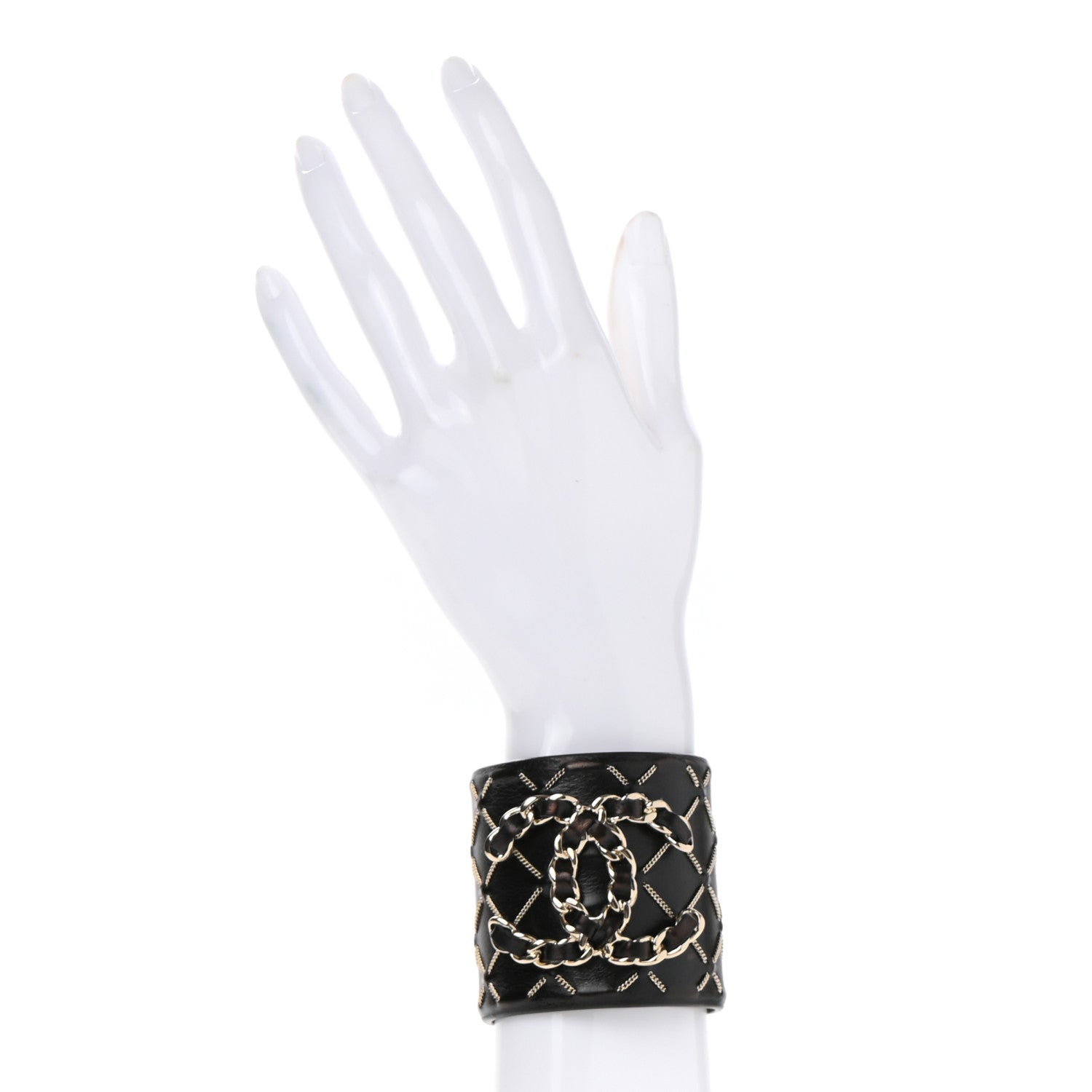 Chanel Lambskin Chain Stitched CC Cuff Bracelet Black Gold 2 of 4