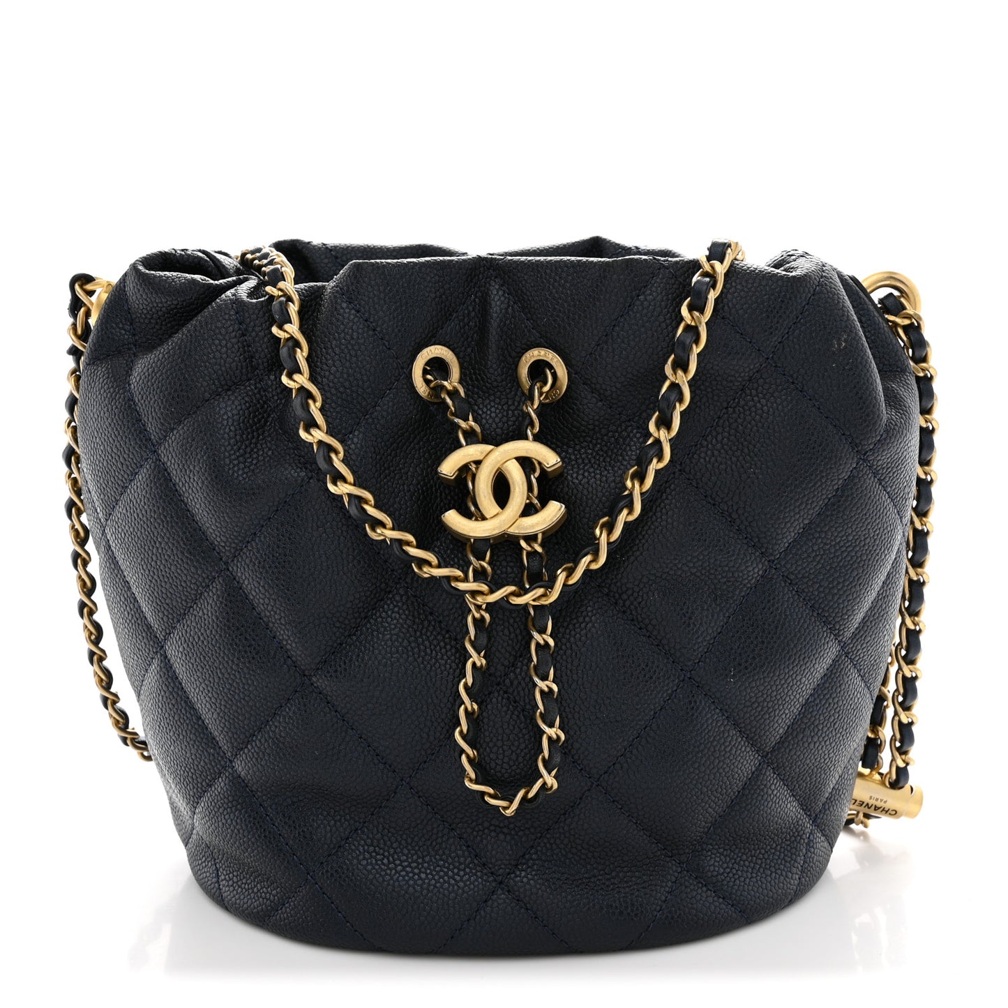 Iridescent Caviar Quilted My Perfect CC Bucket Drawstring Bag Blue