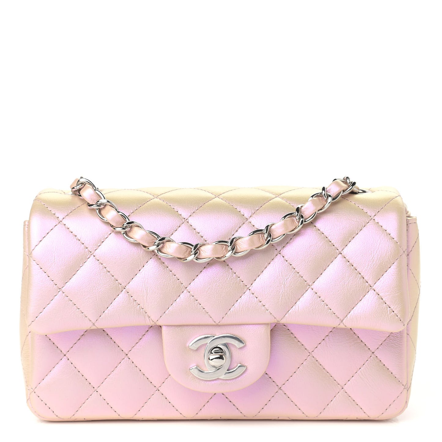 Iridescent Calfskin Quilted Mini Rectangular Flap Pink