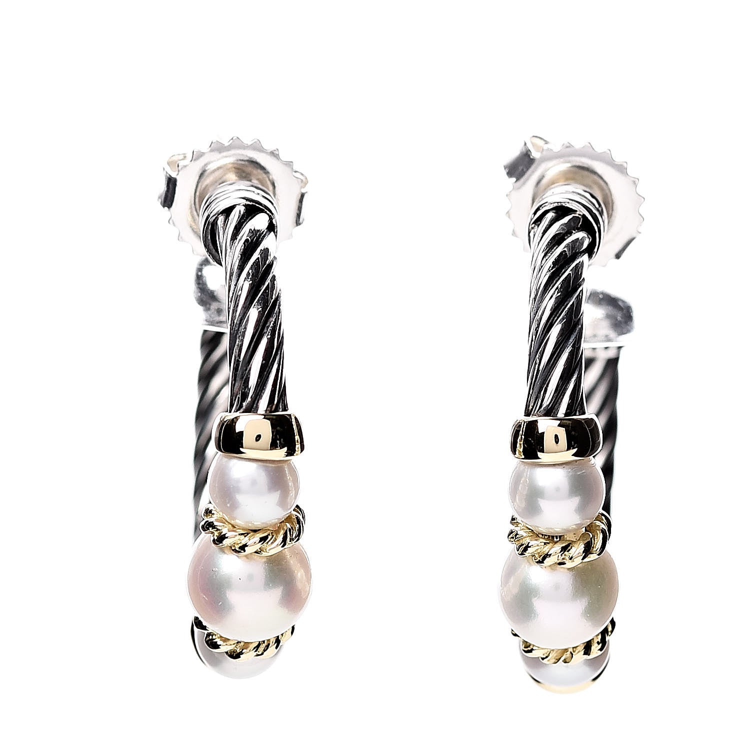 David Yurman Sterling Silver 18K Yellow Gold Freshwater Pearl Cable Hoop Earrings 1 of 4