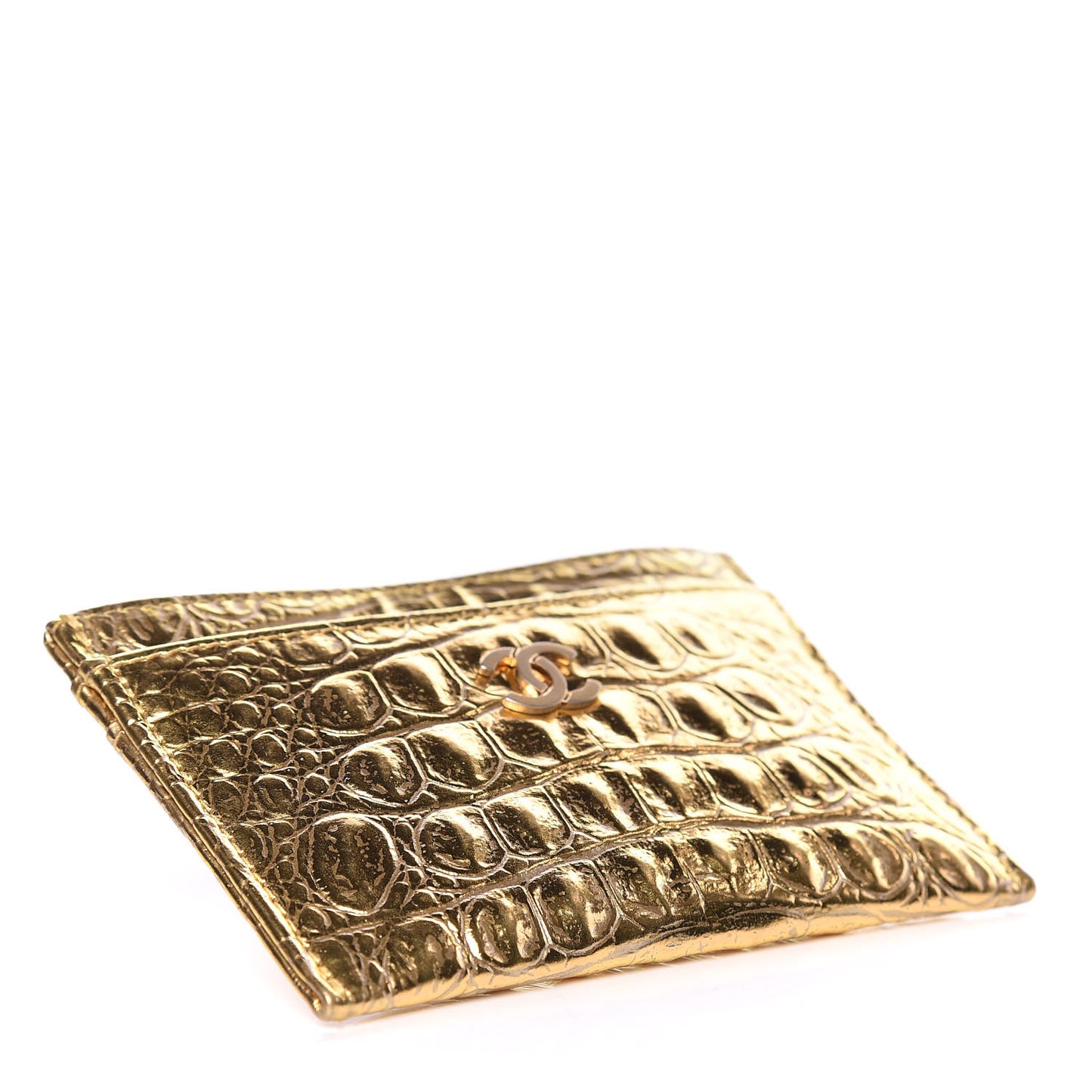 Metallic Calfskin Crocodile Embossed Cocodile Card Holder Gold