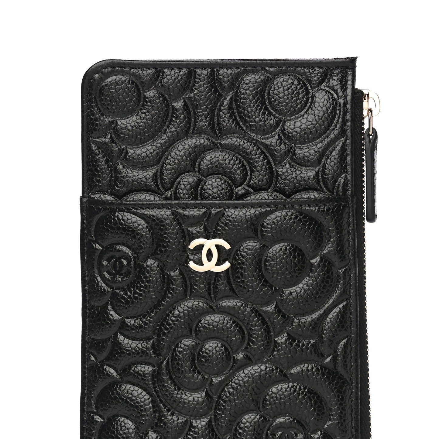 Caviar Camellia Embossed Classic Flat Wallet Pouch Black