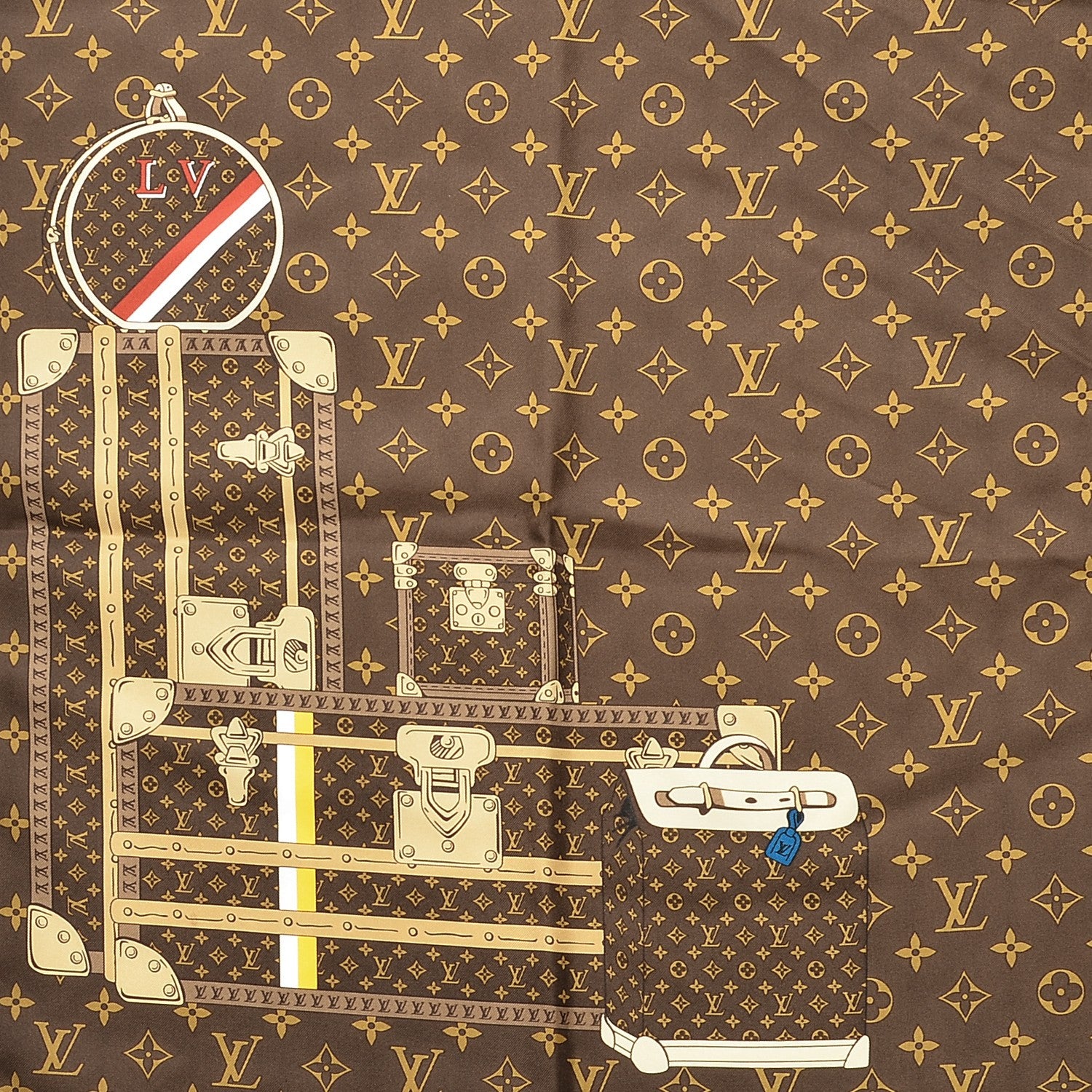 Louis Vuitton Silk Monogram Trunks Square Scarf Marroon 4 of 5