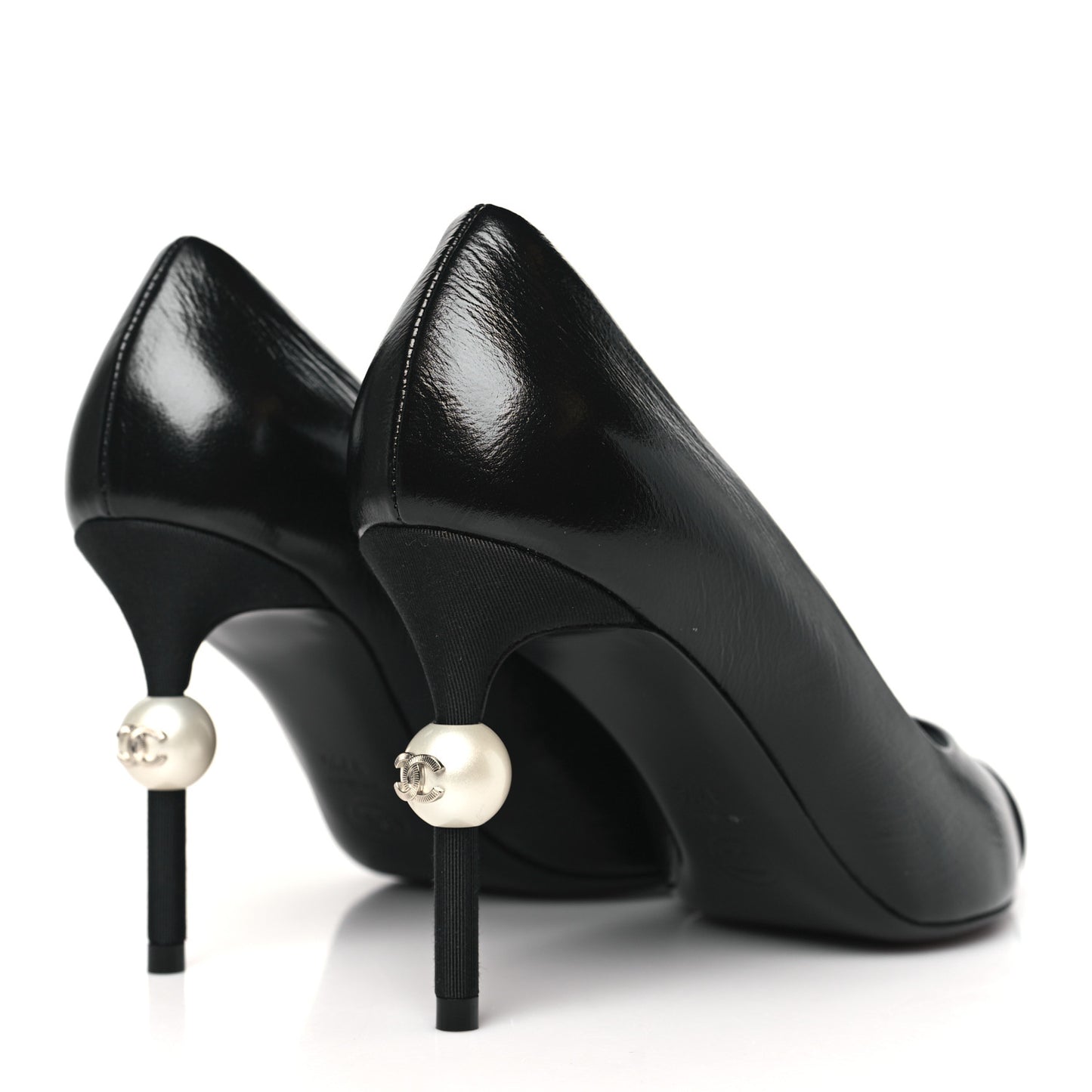 Shiny Calfskin Grosgrain Cap Toe CC Pearl Pumps 37.5 Black