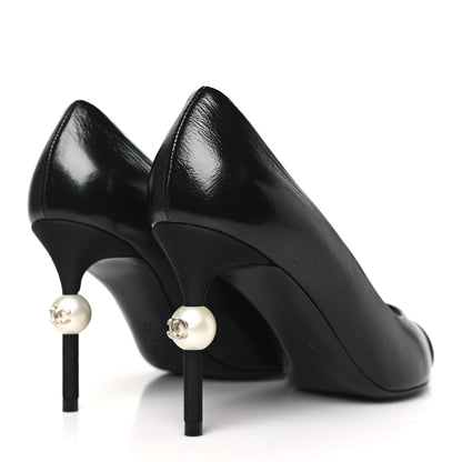 Chanel Shiny Calfskin Grosgrain Cap Toe CC Pearl Pumps 37.5 Black 4 of 10