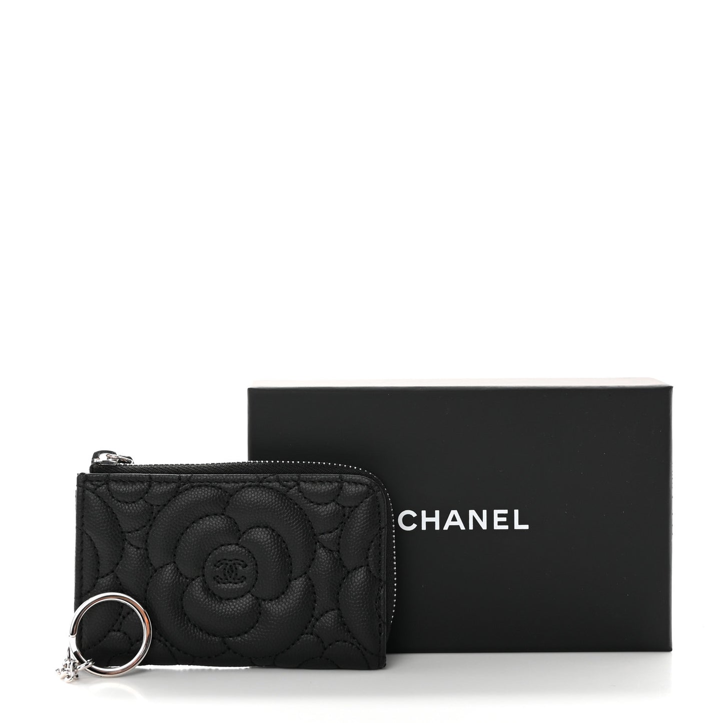 Caviar Camellia Quilted Key Holder Case Black