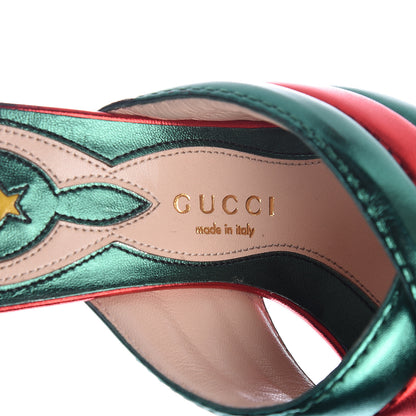 Gucci Metallic Nappa Crossover Mid Heel Slide Sandals 38 Green Flame Red 6 of 10