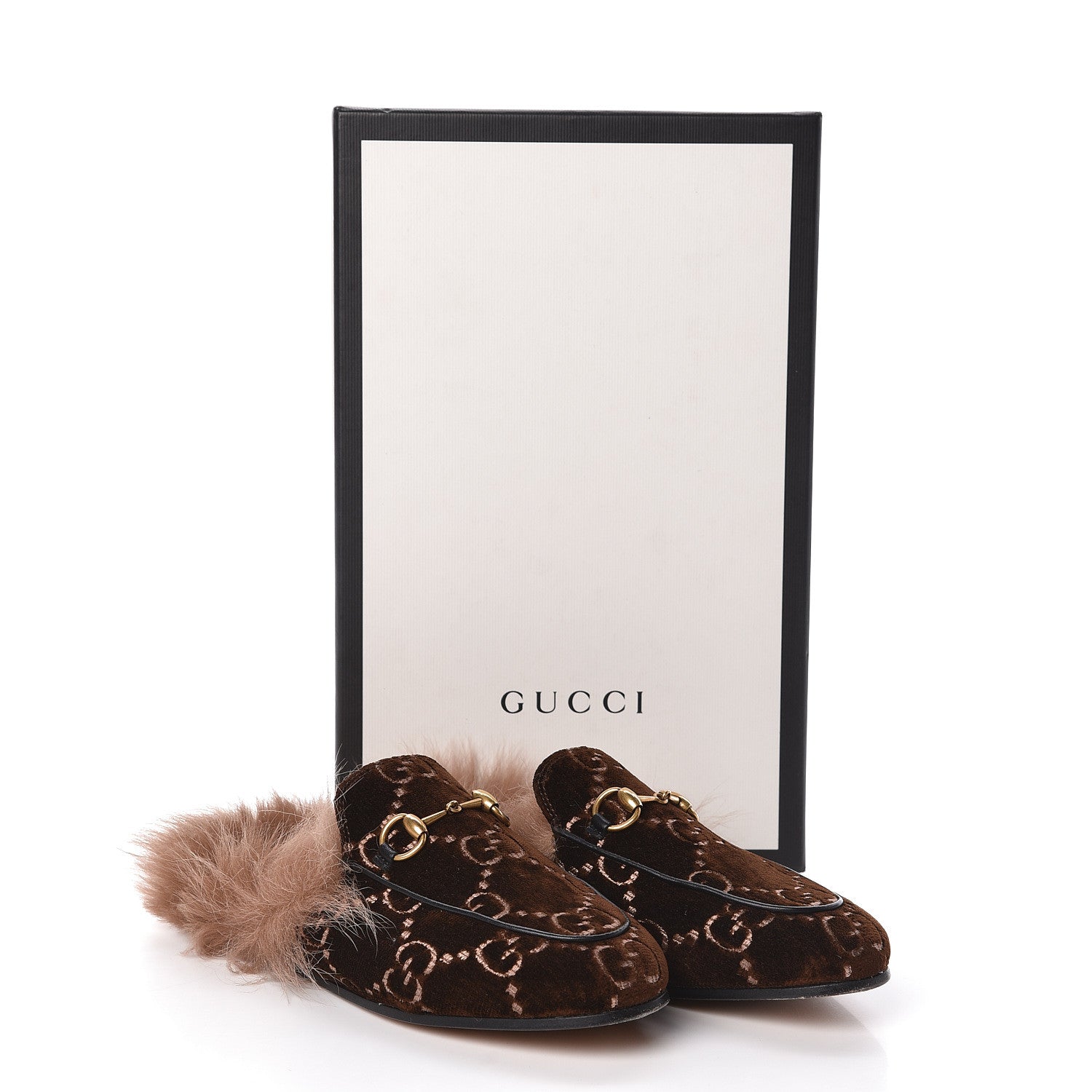 Gucci Velvet GG Monogram Fur Womens Princetown Slippers 35.5 Brown Black Natural 11 of 11