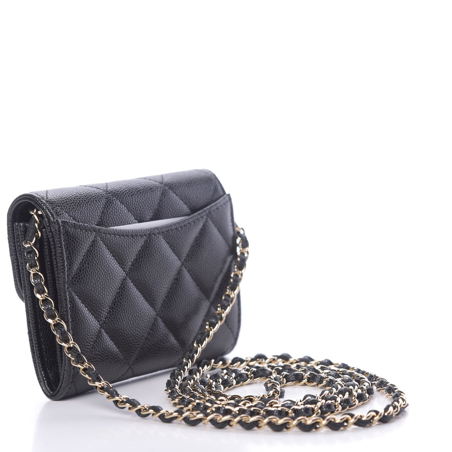 Caviar Quilted Flap Card Holder On Chain Black