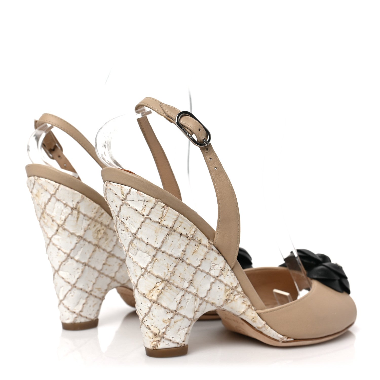 Chanel Lambskin Slingback Camellia Wedge Sandals 38.5 Beige Black 4 of 7
