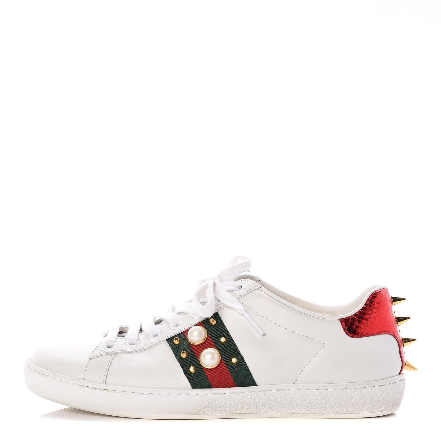 Calfskin Web Pearl Studded Ace Sneakers 36 White