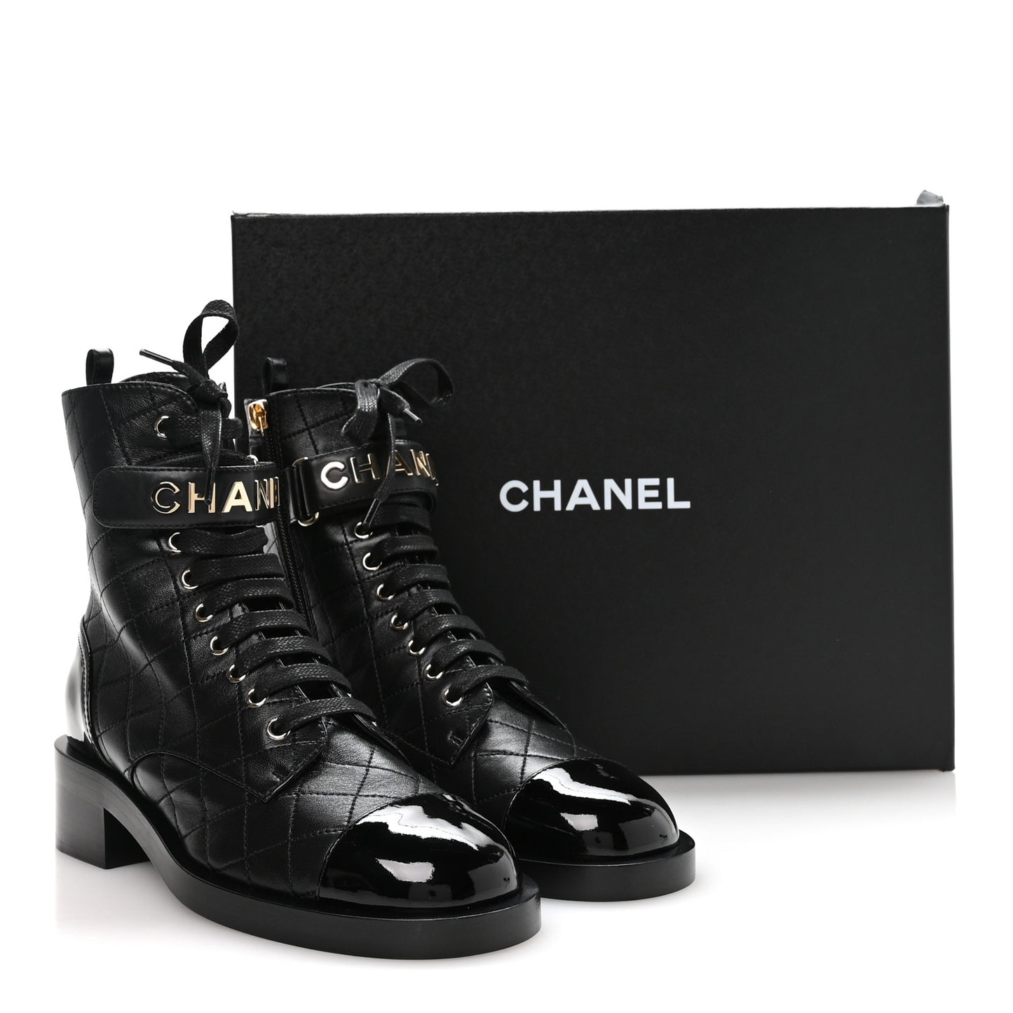 Lambskin Patent Calfskin Quilted Logo Lace Up Combat Boots 39.5 Black
