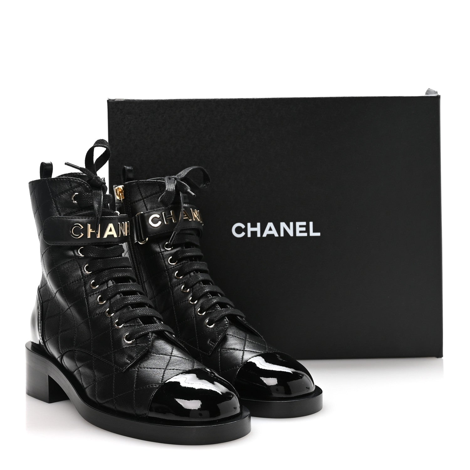 Chanel Lambskin Patent Calfskin Quilted Logo Lace Up Combat Boots 39.5 Black 9 of 9