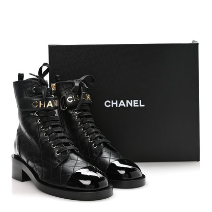 Chanel Lambskin Patent Calfskin Quilted Logo Lace Up Combat Boots 39.5 Black 9 of 9