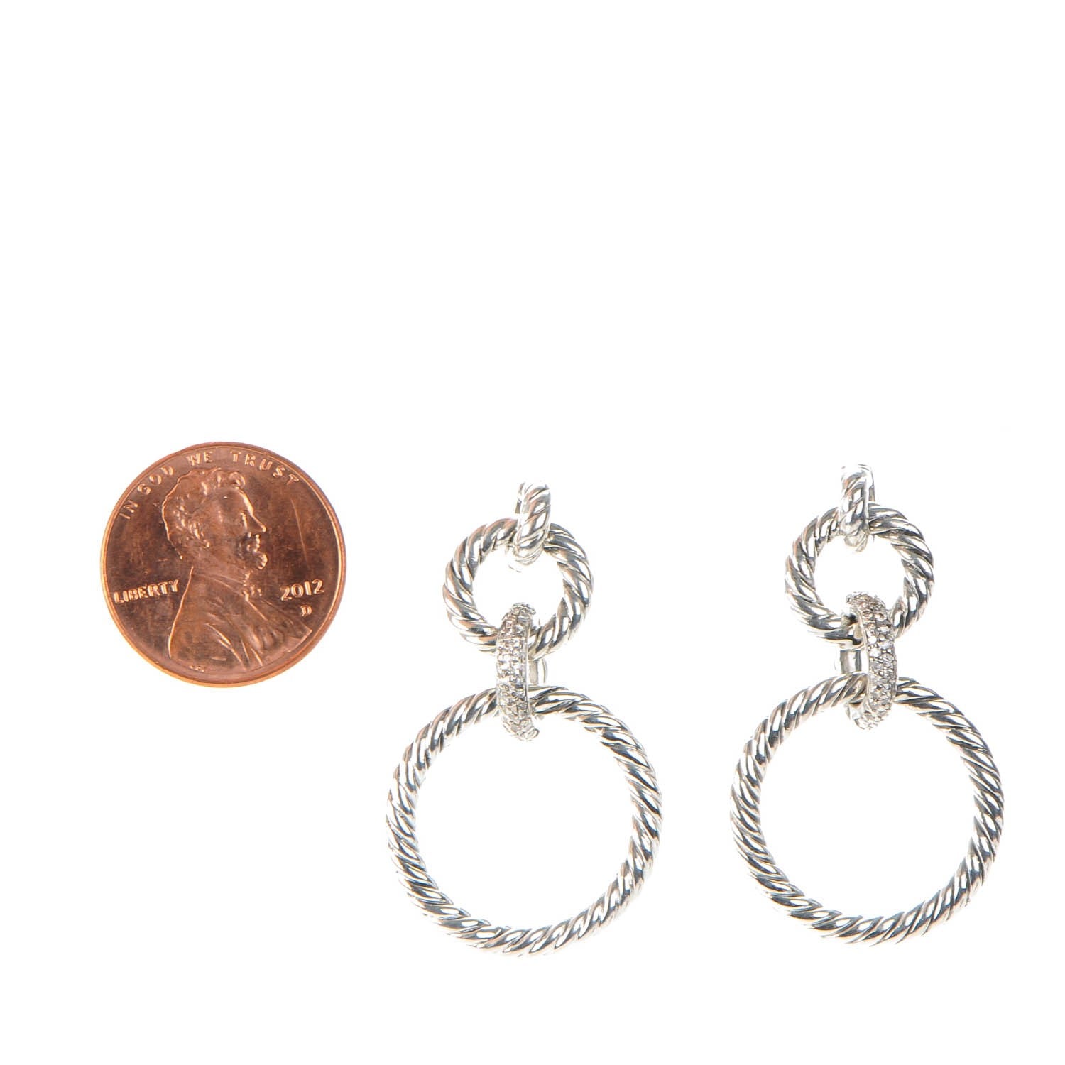 David Yurman Sterling Silver Pave Diamond 36mm Cable Classics Doorknocker Earrings 2 of 5