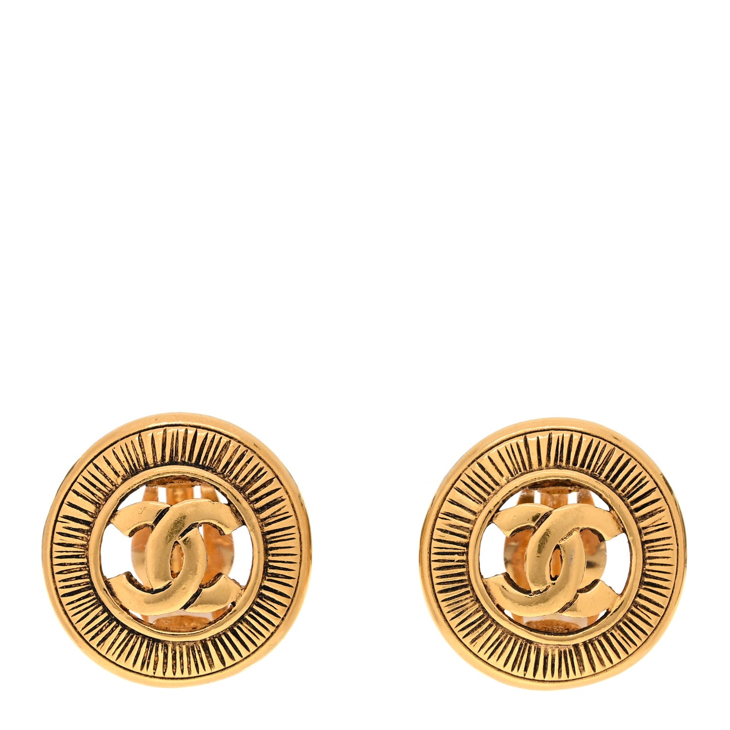 Metal Textured CC Medallion Clip On Earrings Gold