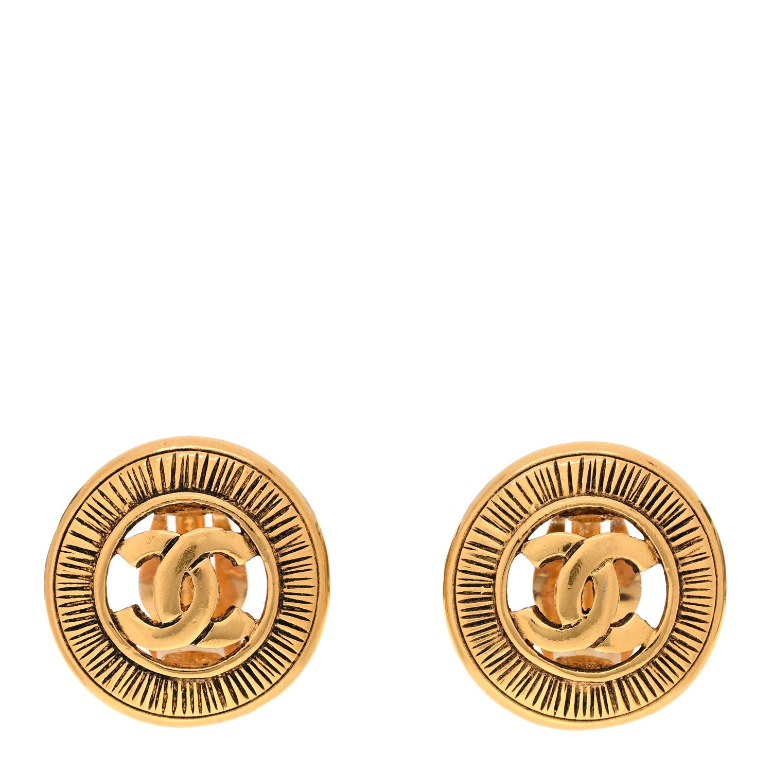 Chanel Metal Textured CC Medallion Clip On Earrings Gold 1 of 5