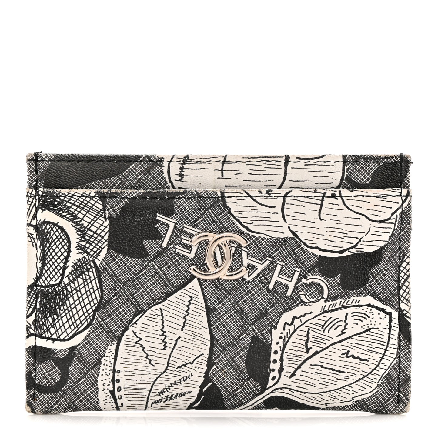 Coated Canvas Lambskin Quilted Camellia Card Holder Black White