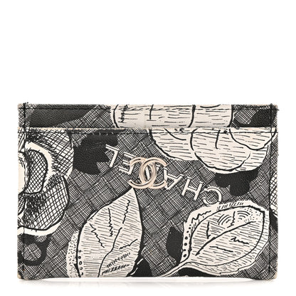 Chanel Coated Canvas Lambskin Quilted Camellia Card Holder Black White 1 of 8
