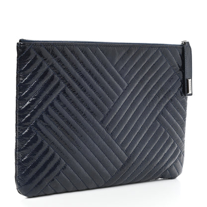 Chanel Distressed Patent Chevron Quilted Medium CC Crossing Cosmetic Case Navy 3 of 7