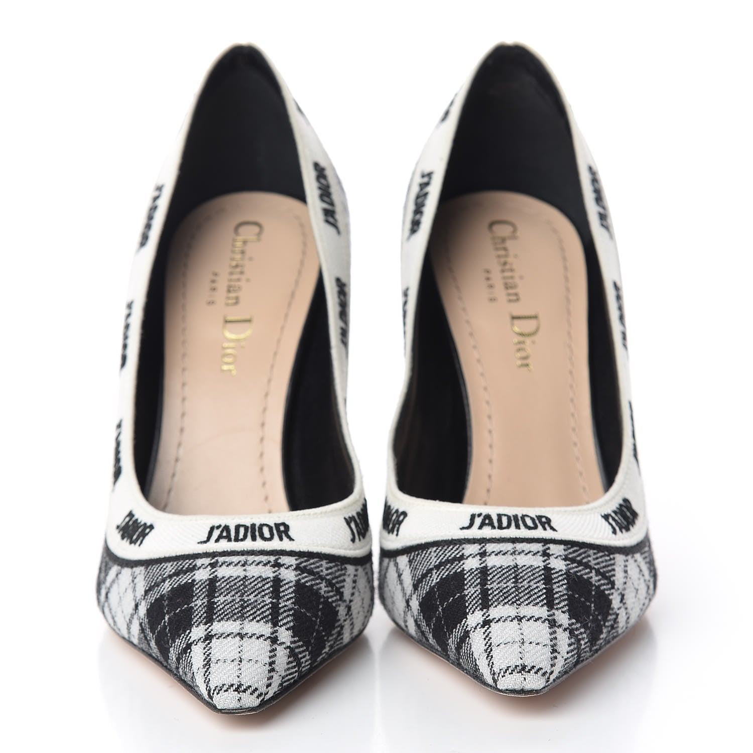 Christian Dior Canvas Ribbon Tartan Print Embroidered J'Adior 100mm Pumps 35 Black Off White 2 of 9