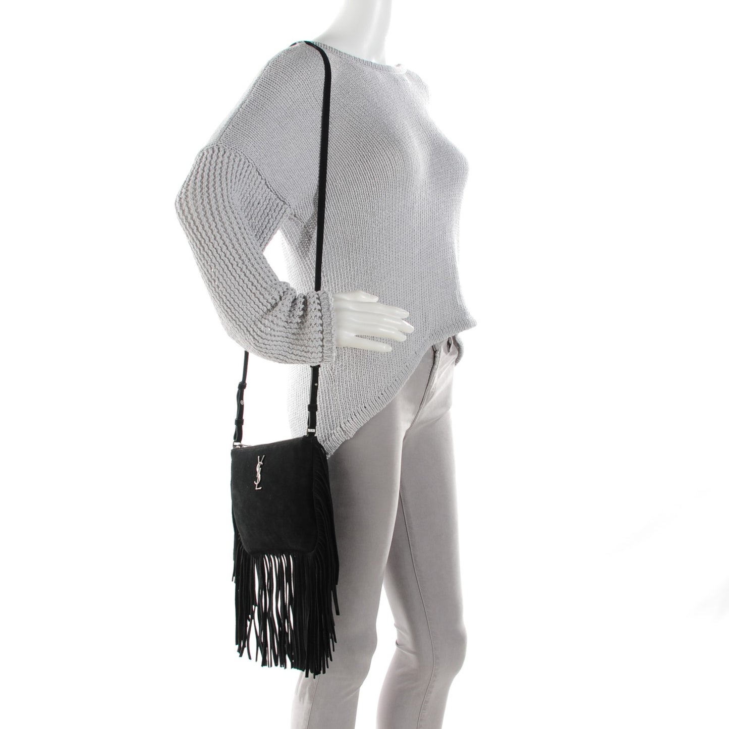 Suede Calfskin Small Fringe Crossbody Bag Black