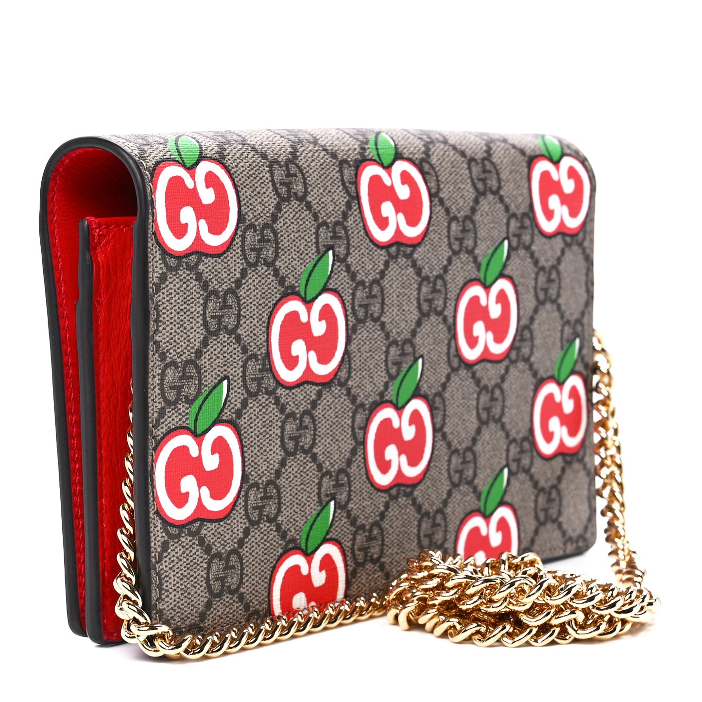 GG Supreme Monogram Apple Chain Wallet Beige Multicolor Lobster Red