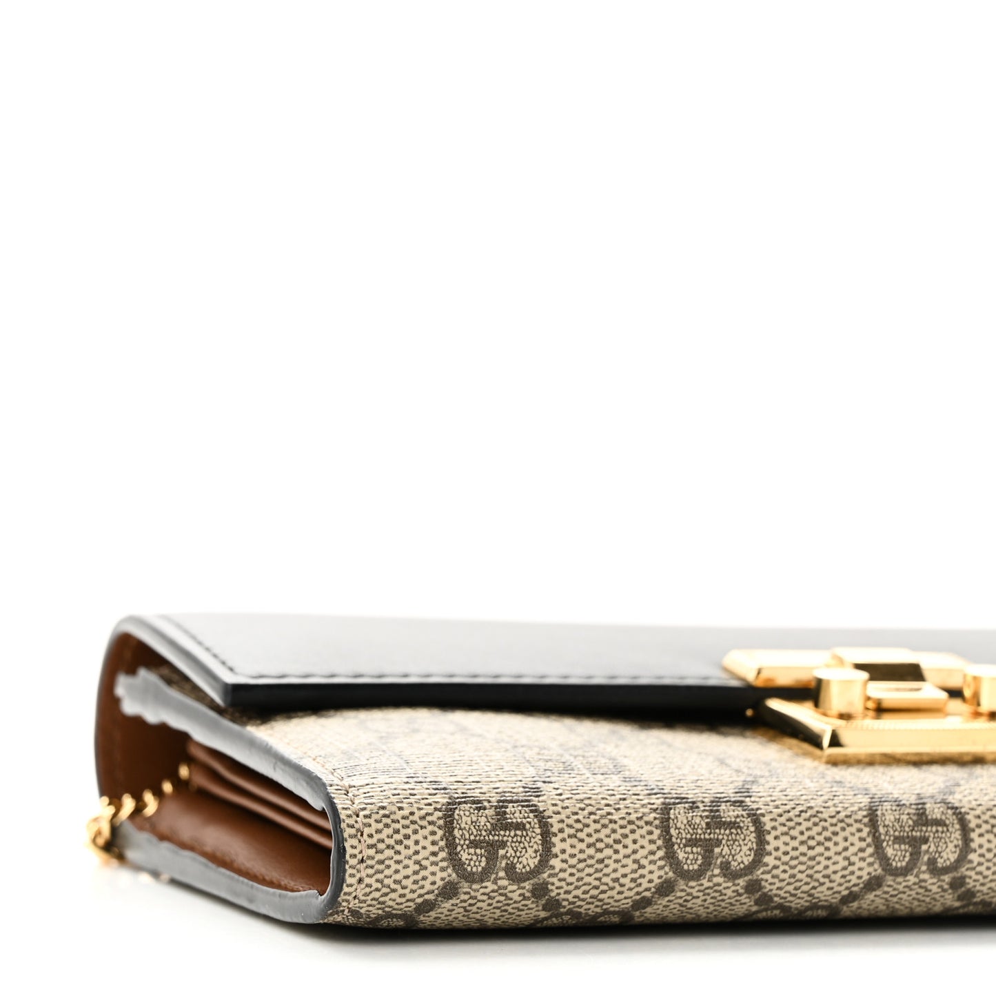 GG Supreme Monogram Moon Calfskin Padlock Continental Chain Wallet Beige Ebony Black