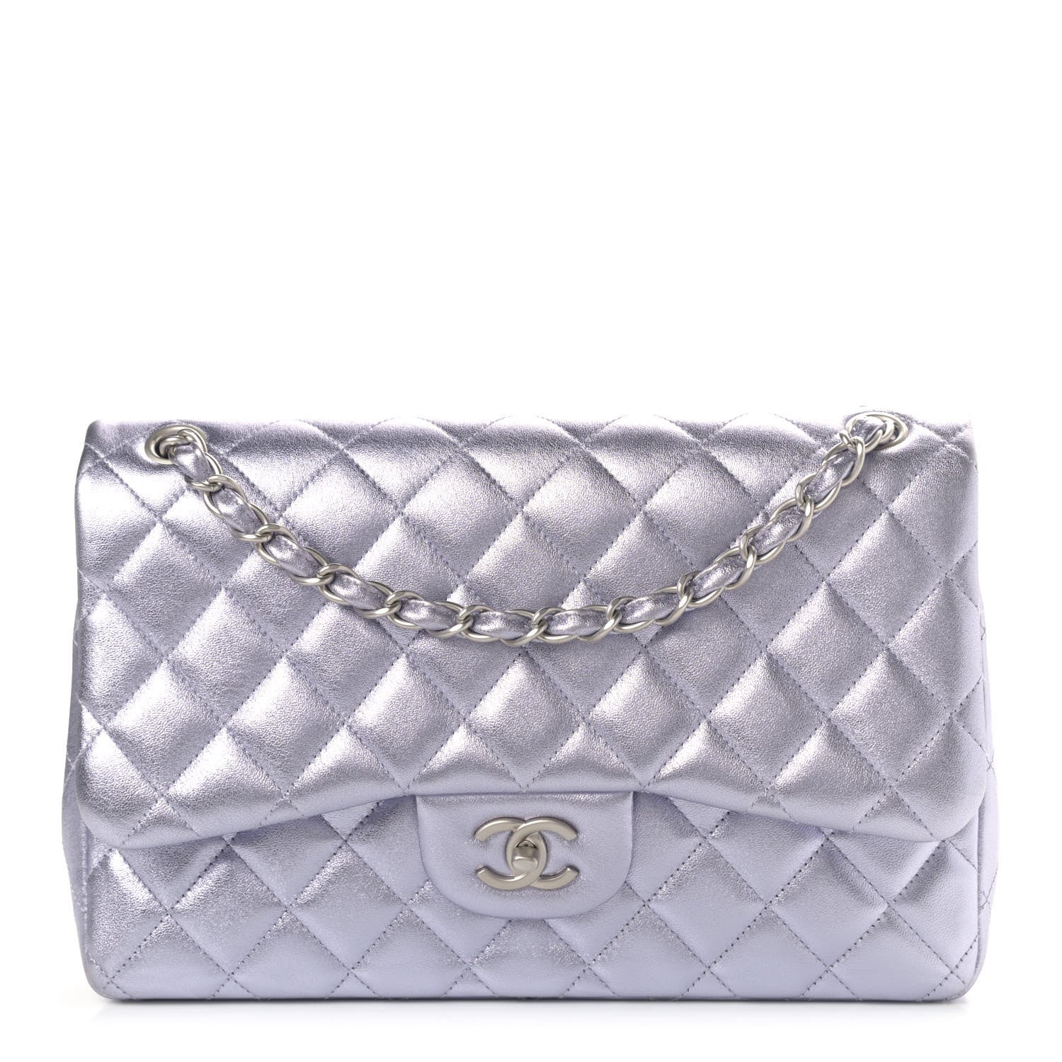 Chanel Metallic Lambskin Quilted Jumbo Double Flap Light Grey 1 of 5