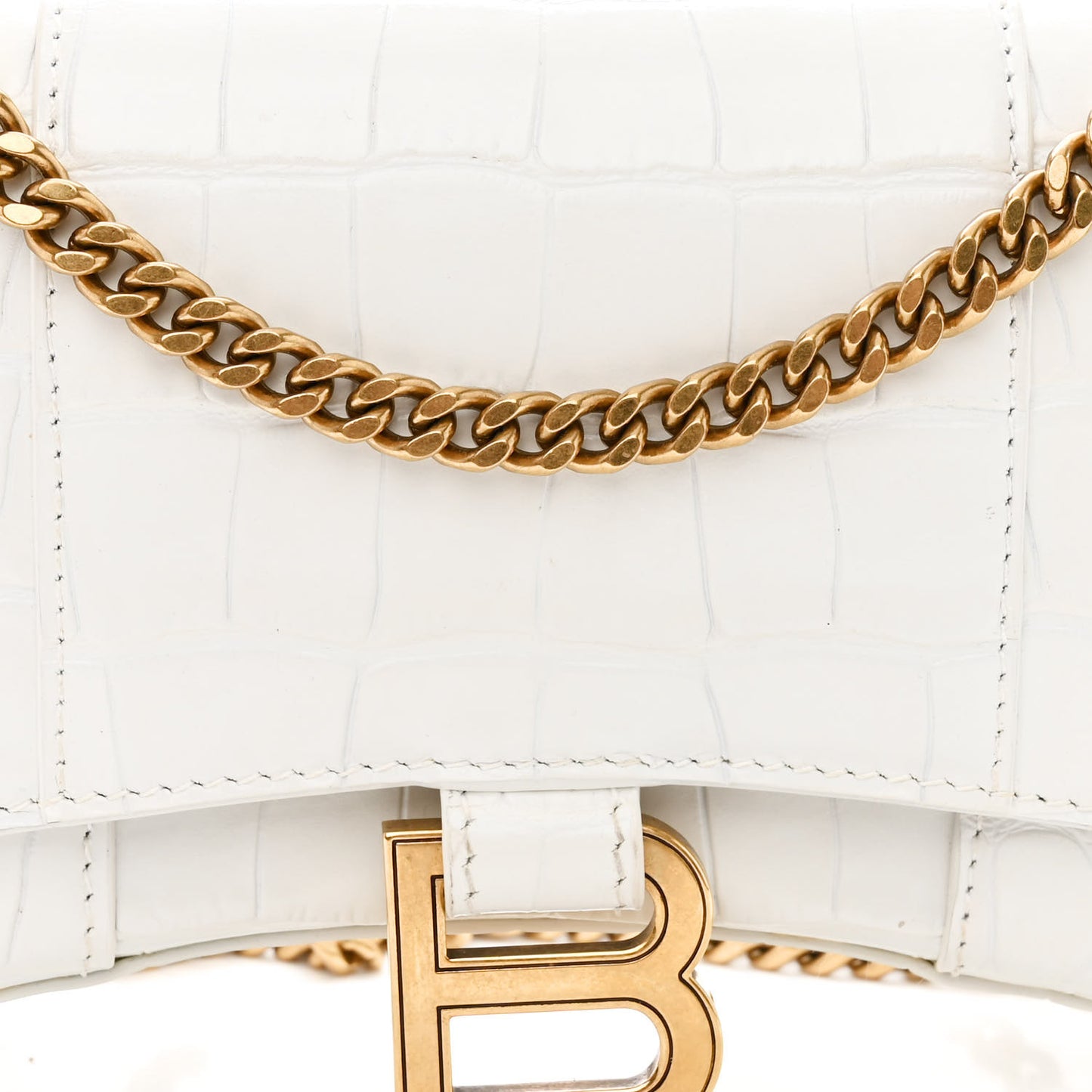 Shiny Calfskin Crocodile Embossed Hourglass Chain Bag White