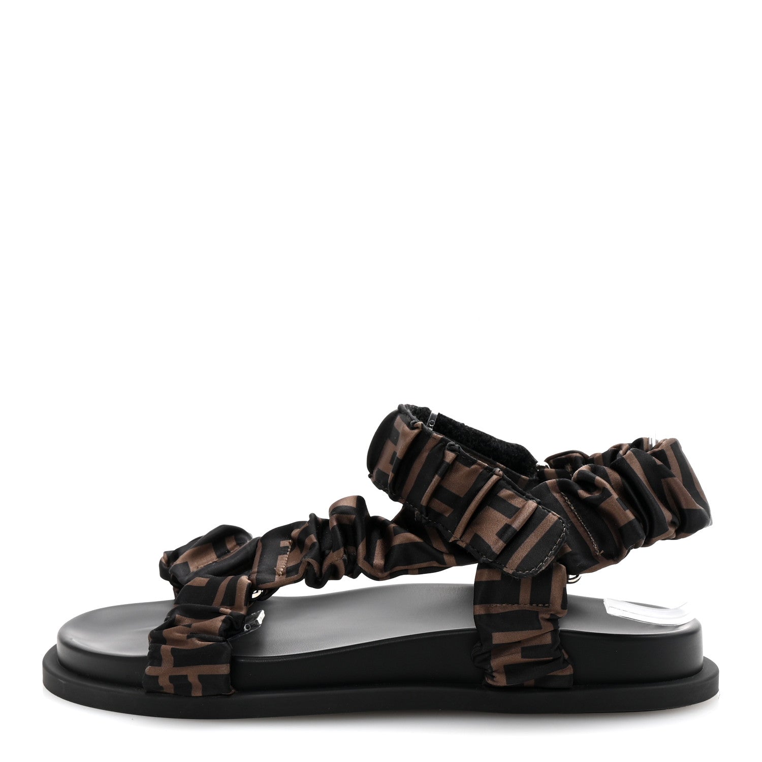 Fendi Satin FF Ruched Sandals 37.5 Tobacco Black 1 of 8