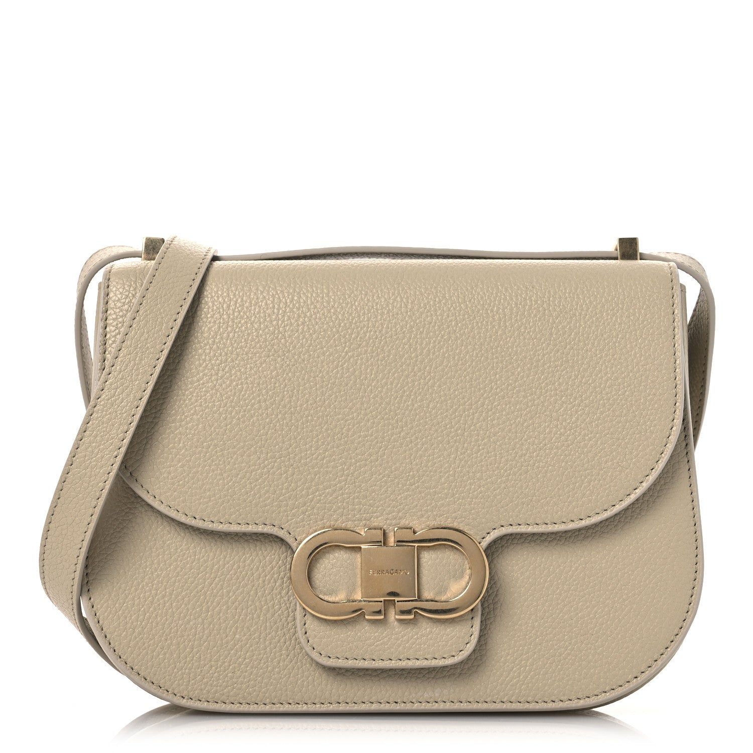 Salvatore Ferragamo Grained Calfskin Double Gancini Crossbody Stone 1 of 12