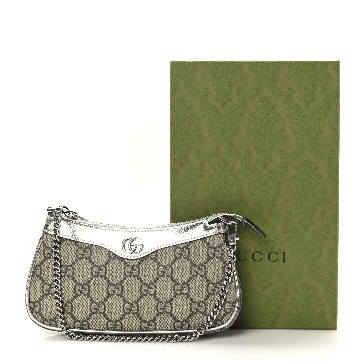 Gucci GG Supreme Monogram Lame Textured Dollar Calfskin Mini Ophidia Chain Bag Beige Ebony Silver 9 of 10
