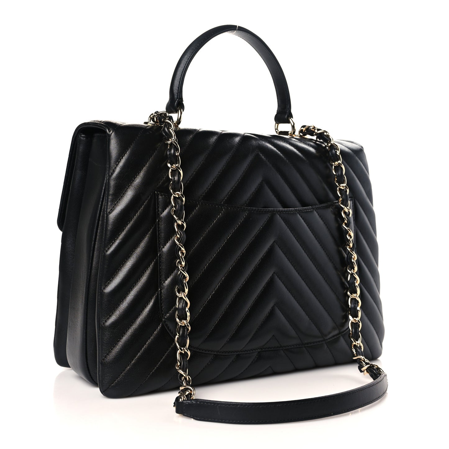 Lambskin Chevron Quilted Large Trendy CC Dual Handle Flap Bag Black